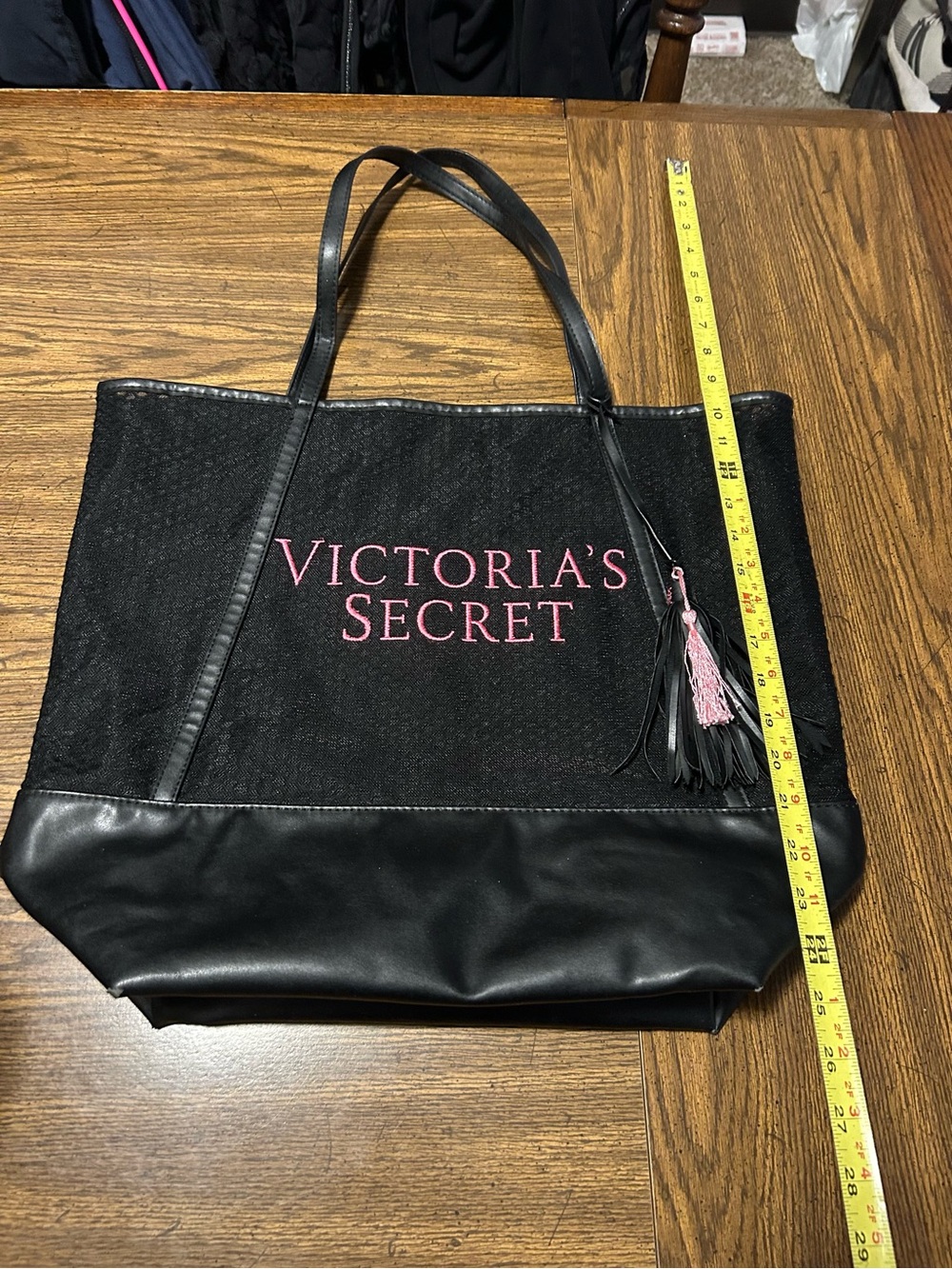 Victoria's Secret Black Tote with Pink Logo and Tassel